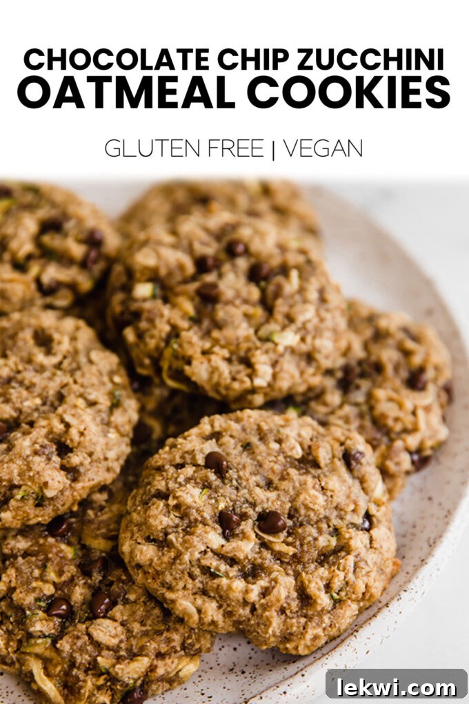 An eye-catching image with text overlay: "Chocolate Chip Oatmeal Zucchini Cookies Gluten Free | Vegan." perfect for sharing on social media or pinning for later inspiration.