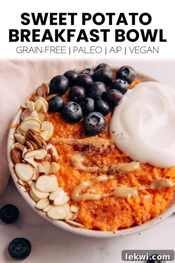 Bowl with text "Sweet Potato Breakfast Bowl Grain-Free | Paleo | AIP | Vegan."