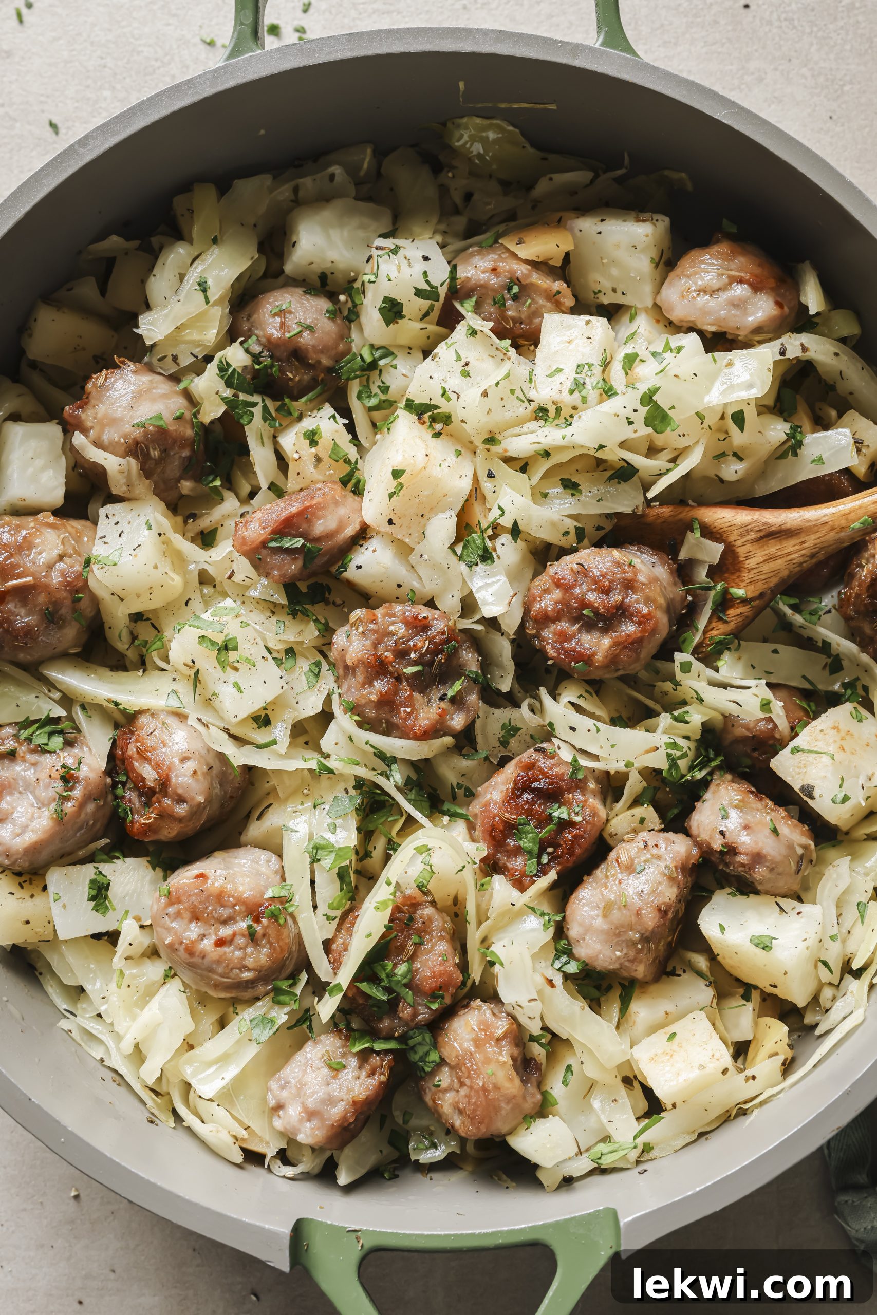 A beautifully presented Cabbage and Sausage Breakfast Skillet, brimming with colorful ingredients, ready to be enjoyed.