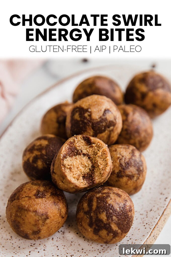 Energy bites with text "Chocolate Swirl Energy Bites Gluten-Free | AIP | Paleo."