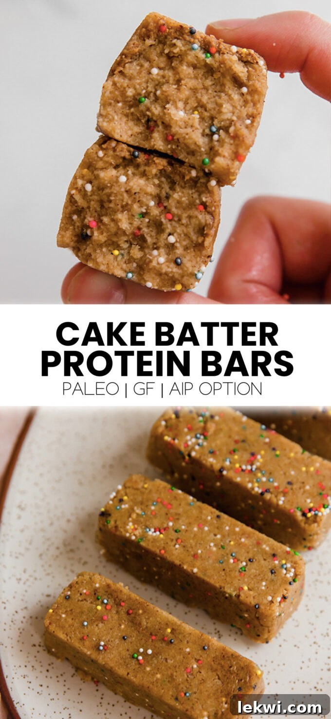 Collage with text "Cake Batter Protein Bars Paleo | GF | AIP Option," perfect for Pinterest sharing.