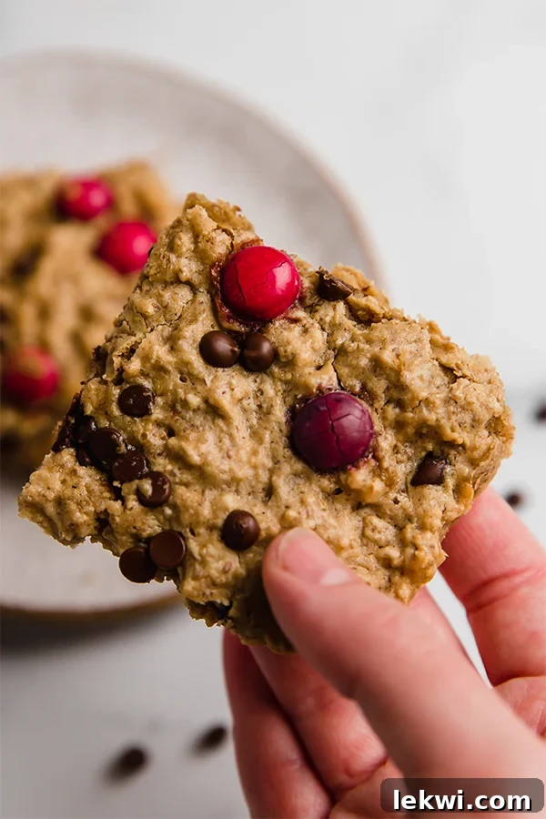 Person holding a monster cookie oatmeal breakfast bar, ready to take a bite.