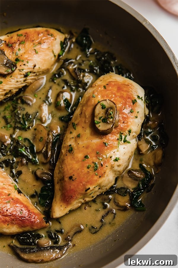 Chicken and creamed spinach with mushrooms in a pan.