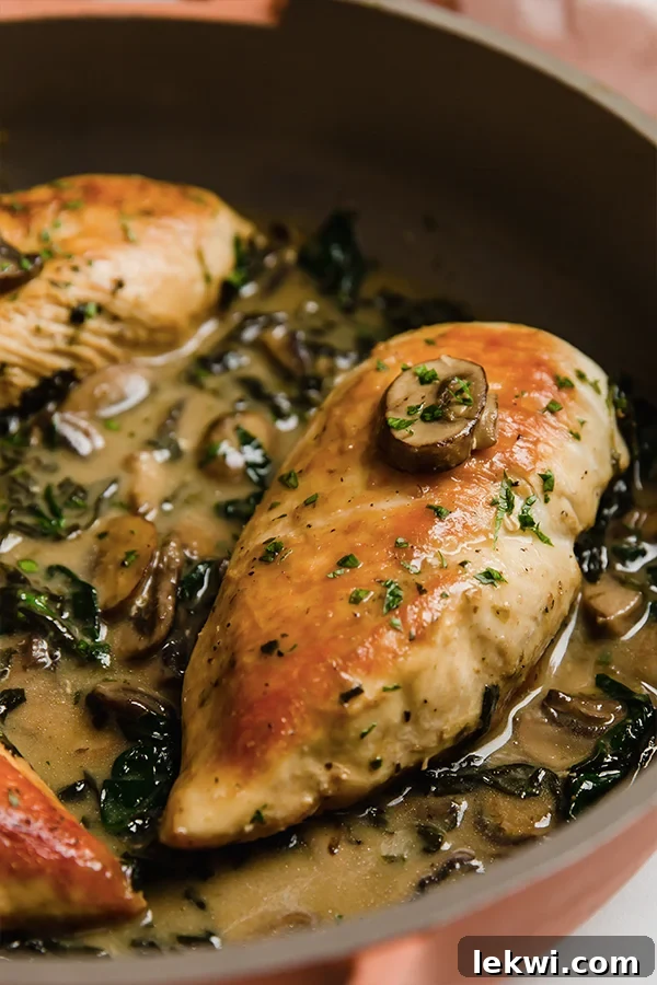 Chicken breasts cooked in pan with spinach and mushroom sauce