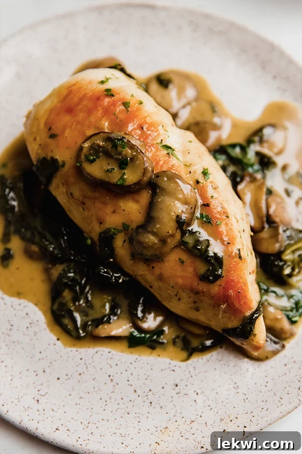 Chicken breasts with spinach and mushroom sauce served on a plate