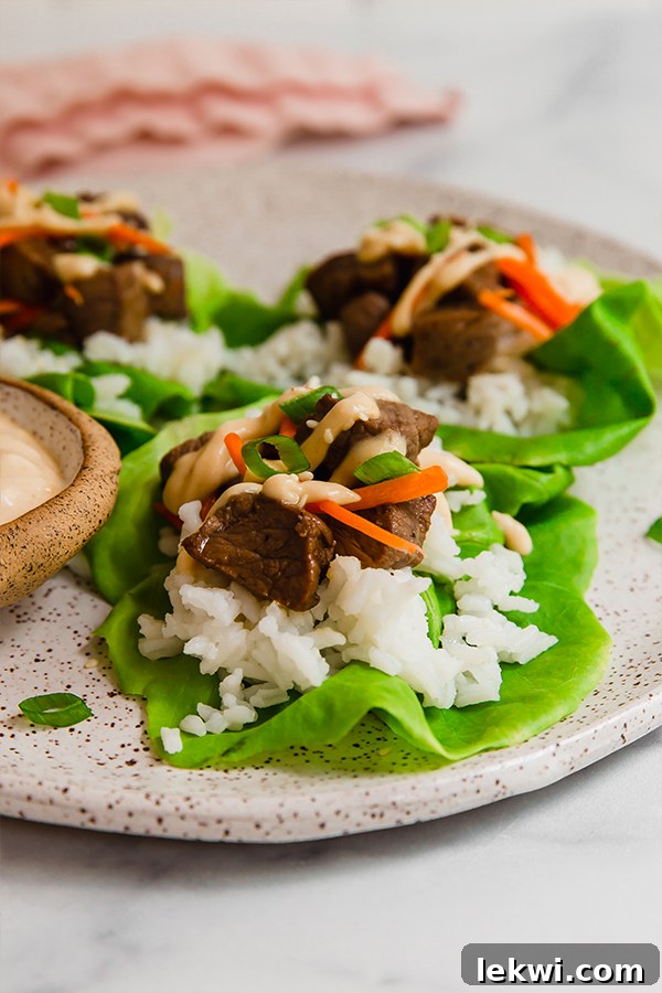 A close-up view of hibachi steak lettuce wraps assembled and ready to be enjoyed on a white plate, emphasizing the vibrant colors and fresh ingredients.