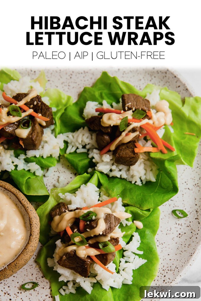 Stylized image with text "Hibachi Steak Lettuce Wraps Paleo | AIP | Gluten-Free." highlighting the healthy benefits of the recipe.