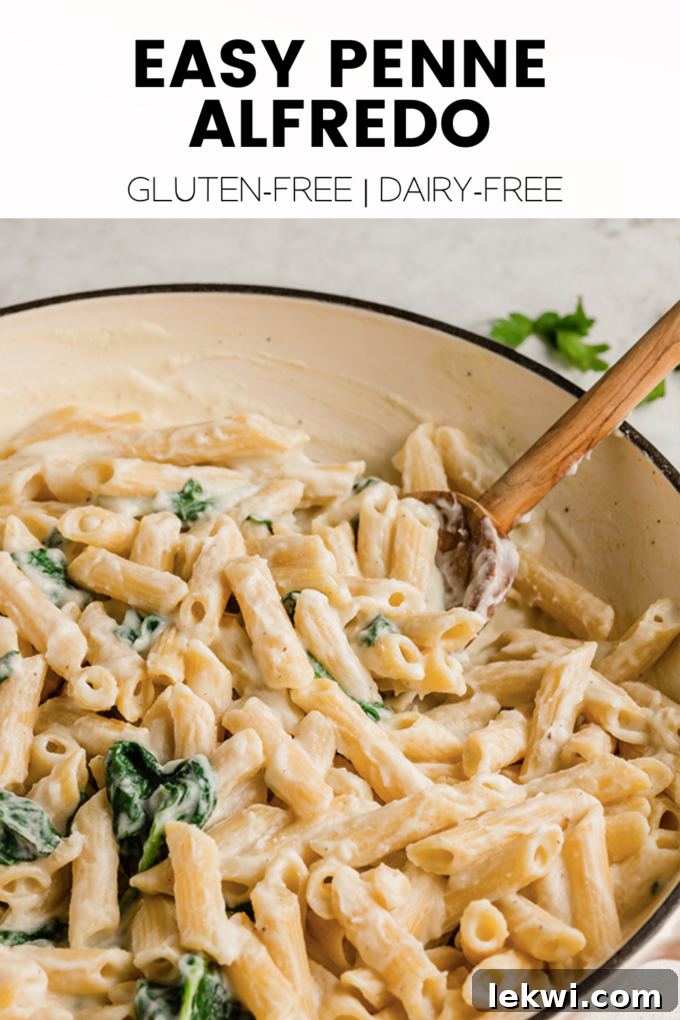 Pasta with text "Easy Penne Alfredo Gluten-Free | Dairy-Free."