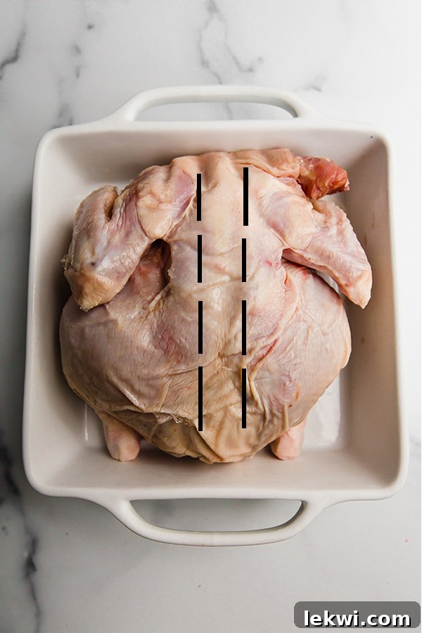 A raw whole chicken prepared for spatchcocking, laying breast-side down on a white baking dish with the spine removed.