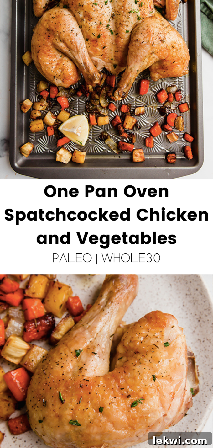 A dynamic collage showcasing the one-pan oven spatchcocked chicken and vegetables, with text highlights indicating its Paleo and Whole30 compatibility.