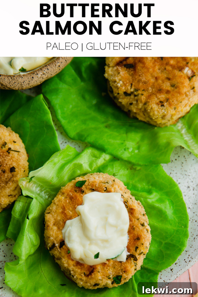 Salmon cakes with text "Butternut Salmon Cakes Paleo | Gluten-Free."