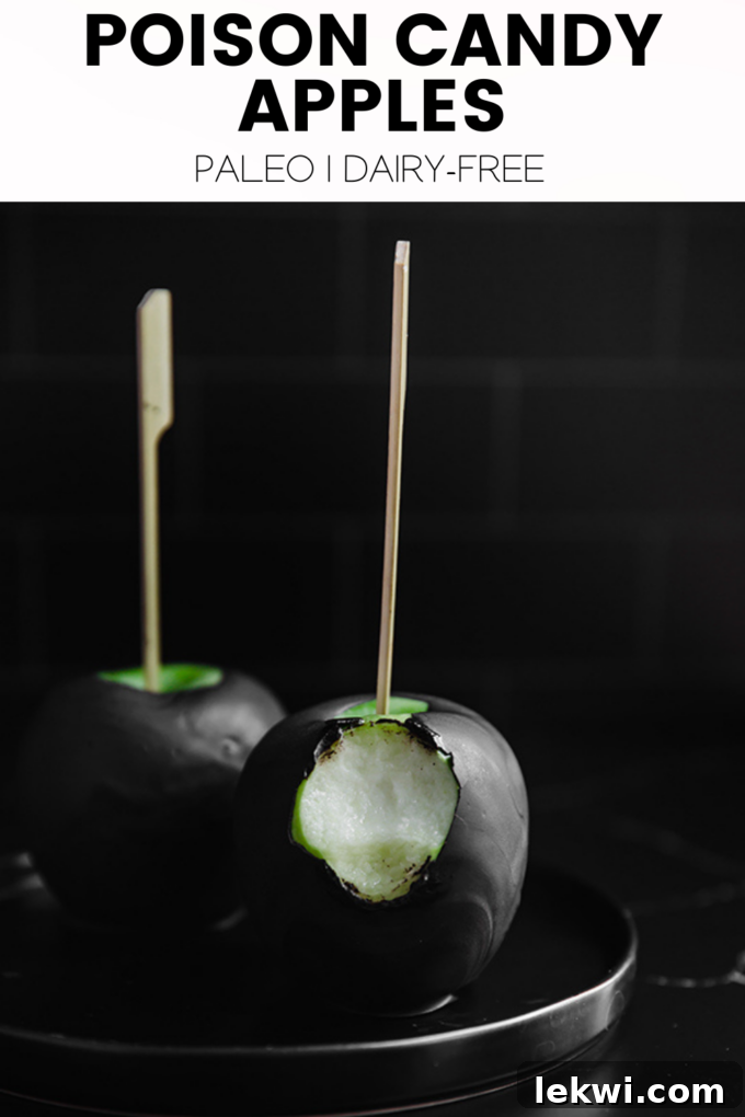 Apples with text \"Poison Candy Apples Paleo | Dairy-Free.\"