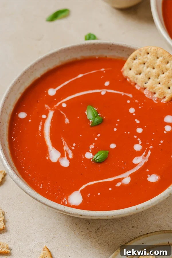 Bowl of nightshade-free tomato soup with a cracker, garnished with fresh basil.