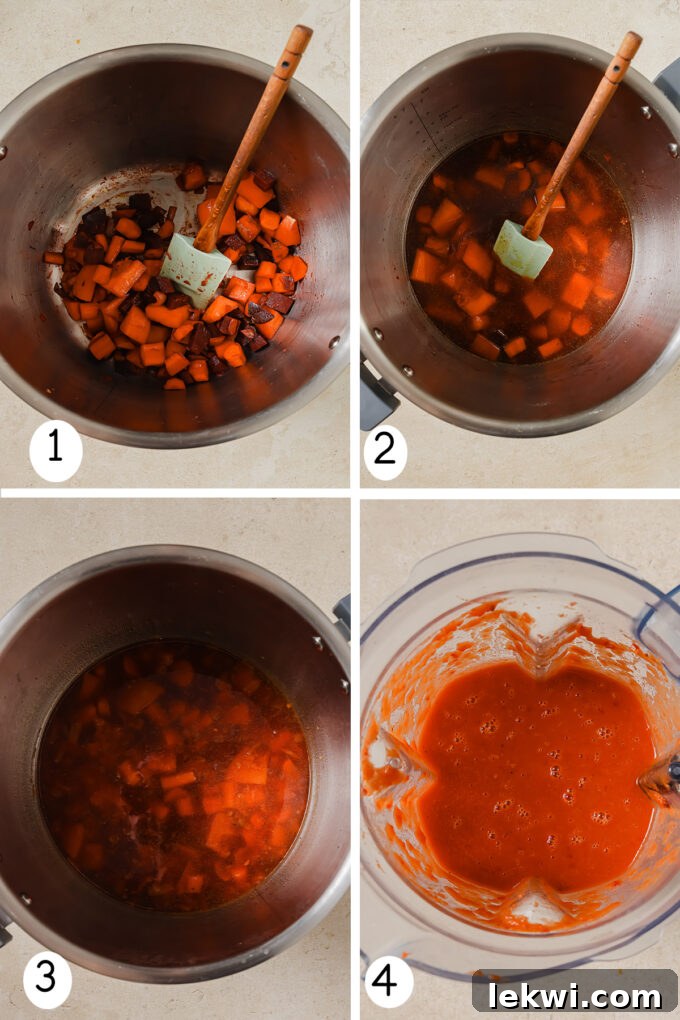 A collage showing the steps of cooking and then blending the soup ingredients in an Instant Pot.