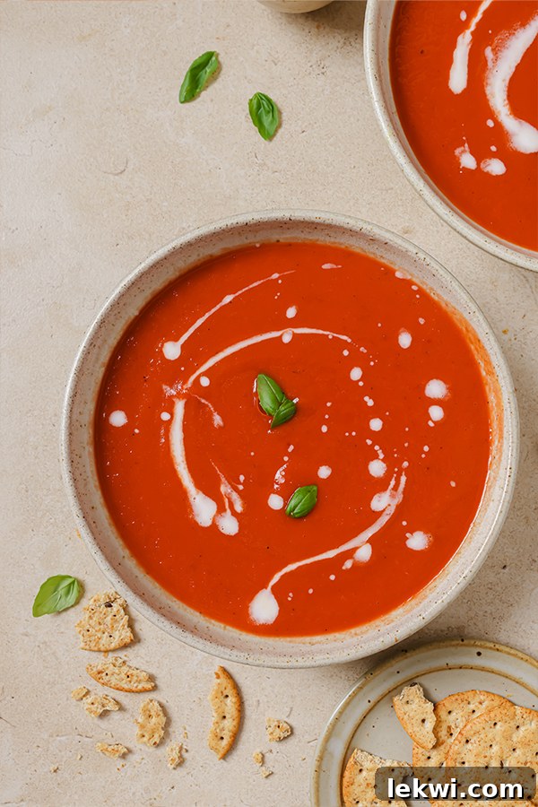 A bowl of nightshade-free tomato soup with coconut milk drizzled artfully on top.