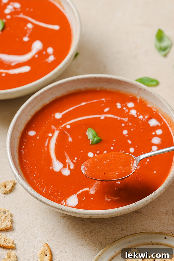 A spoon scooping a generous portion of rich, nightshade-free tomato soup from a bowl.