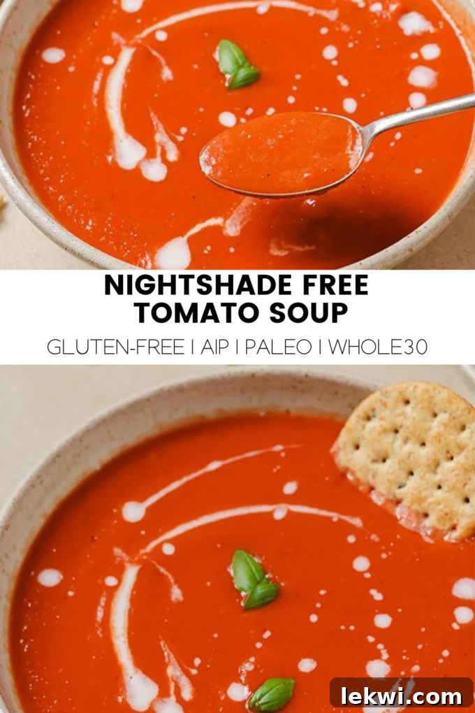 Pinterest collage with text "Nightshade Free Tomato Soup Gluten-Free | AIP | Paleo | Whole30."