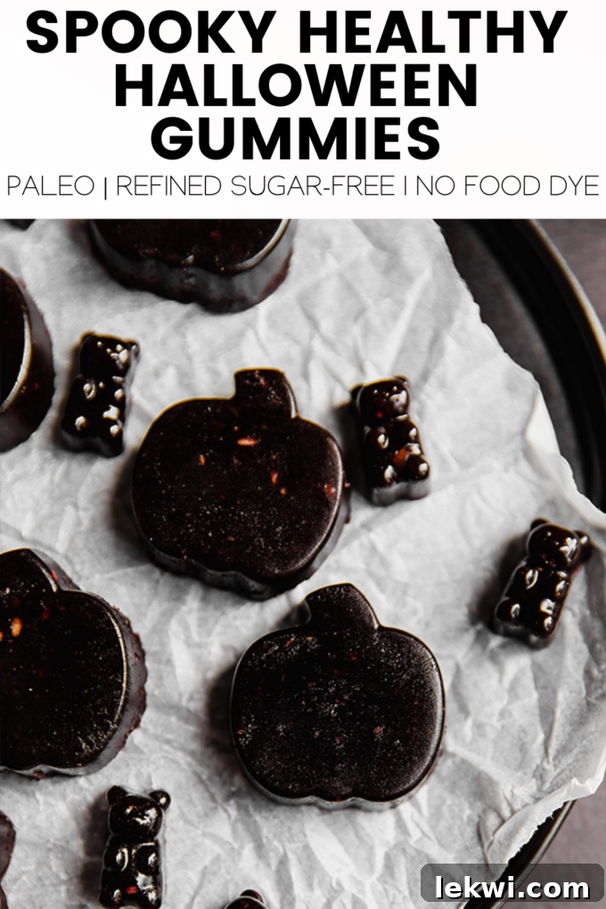 Gummies with text "Spooky Healthy Halloween Gummies Paleo |Refined Sugar-Free | No Food Dye."