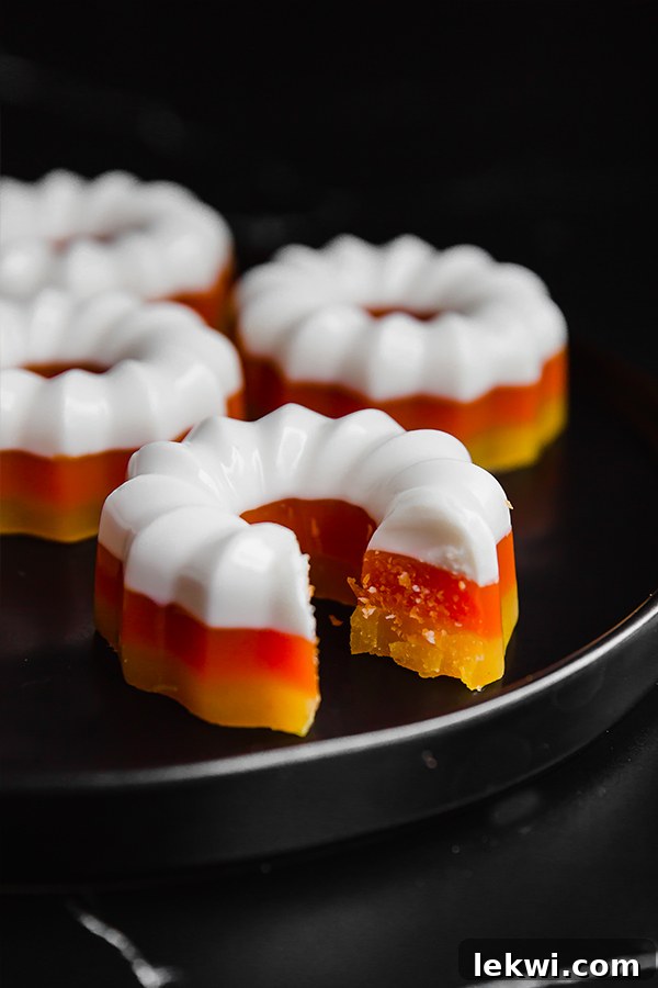 Candy corn mini gelatin mold missing a bite.