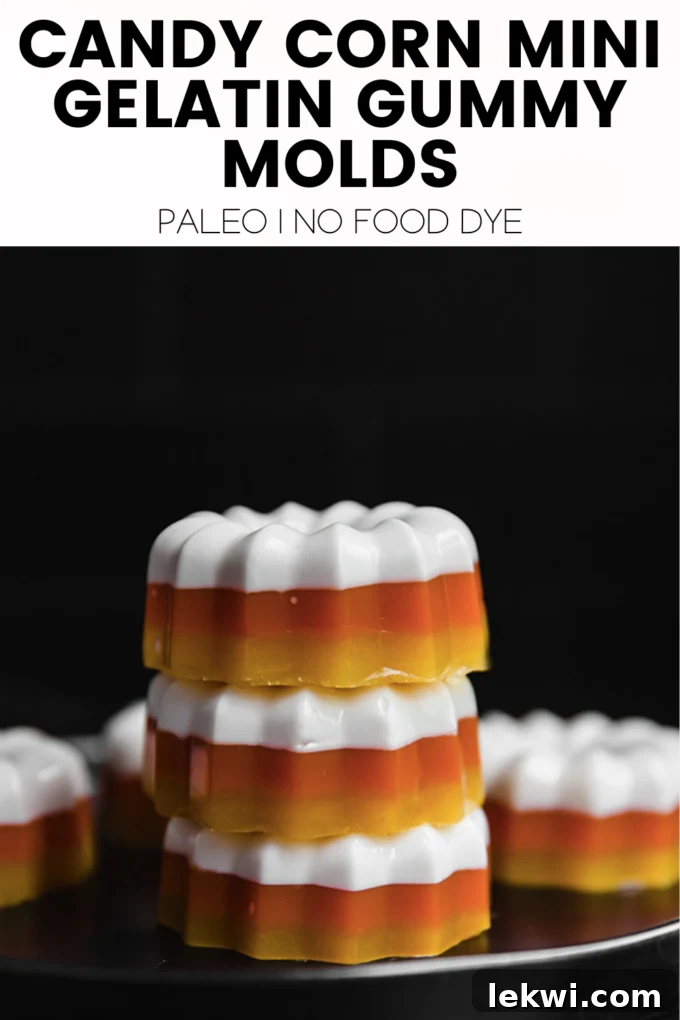 Gelatin molds with text "Candy Corn Mini Gelatin Gummy Molds Paleo | No Food Dye."