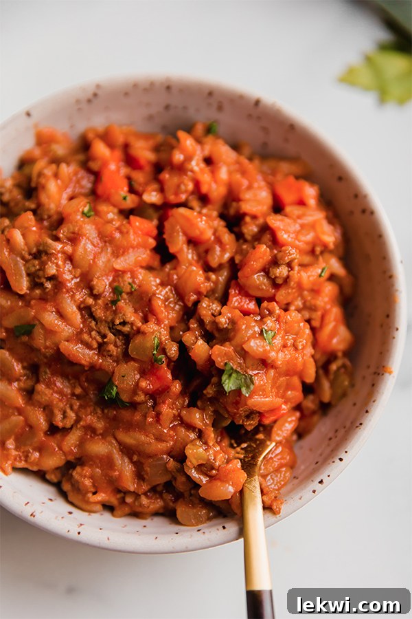 A close-up of a bowl of Orzo Bolognese with a fork, showcasing the rich sauce and orzo.