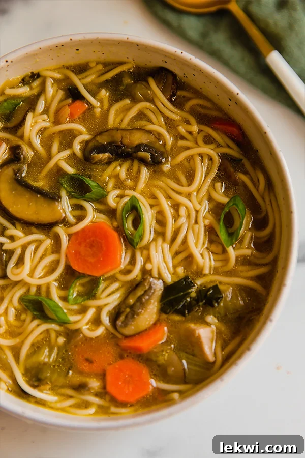 A steaming bowl of Asian-inspired chicken noodle soup, garnished with green onions and a sprinkle of sesame seeds, ready to be enjoyed.