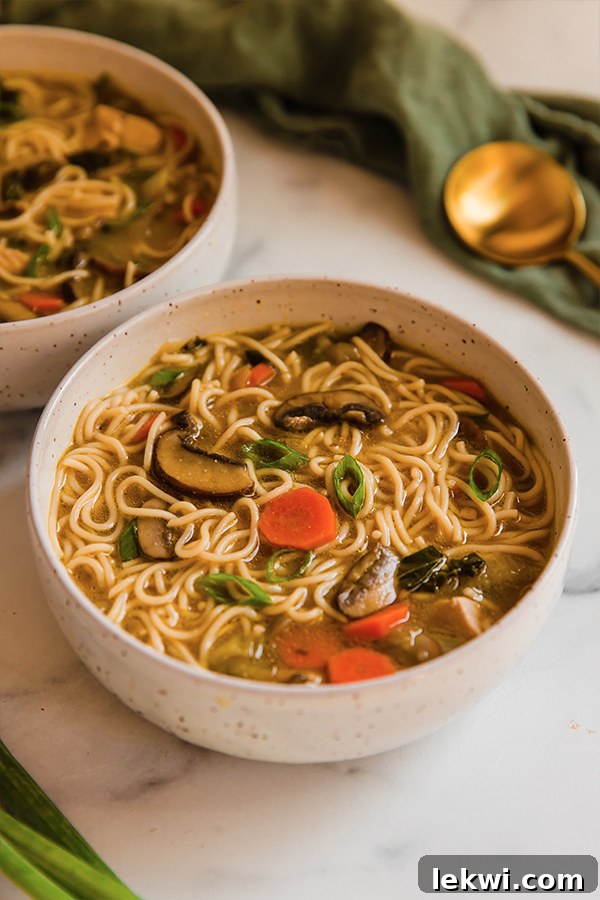 Two bowls of Asian Inspired Chicken Noodle Soup garnished with fresh green onions, sitting on a rustic wooden counter.