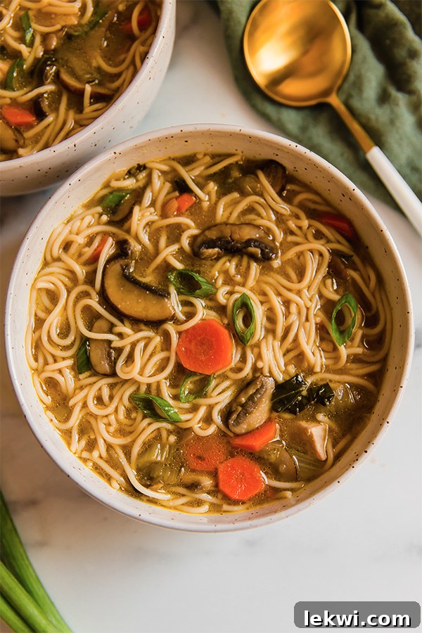 A vibrant bowl of Asian Inspired Chicken Noodle Soup, showcasing the colorful vegetables and noodles submerged in a savory broth.