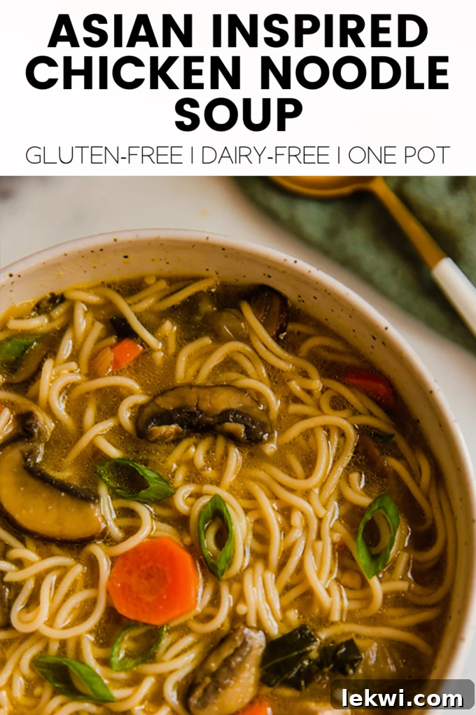 Soup with text "Asian Inspired Chicken Noodle Soup." This image shows a close-up of the finished soup with a text overlay for branding.