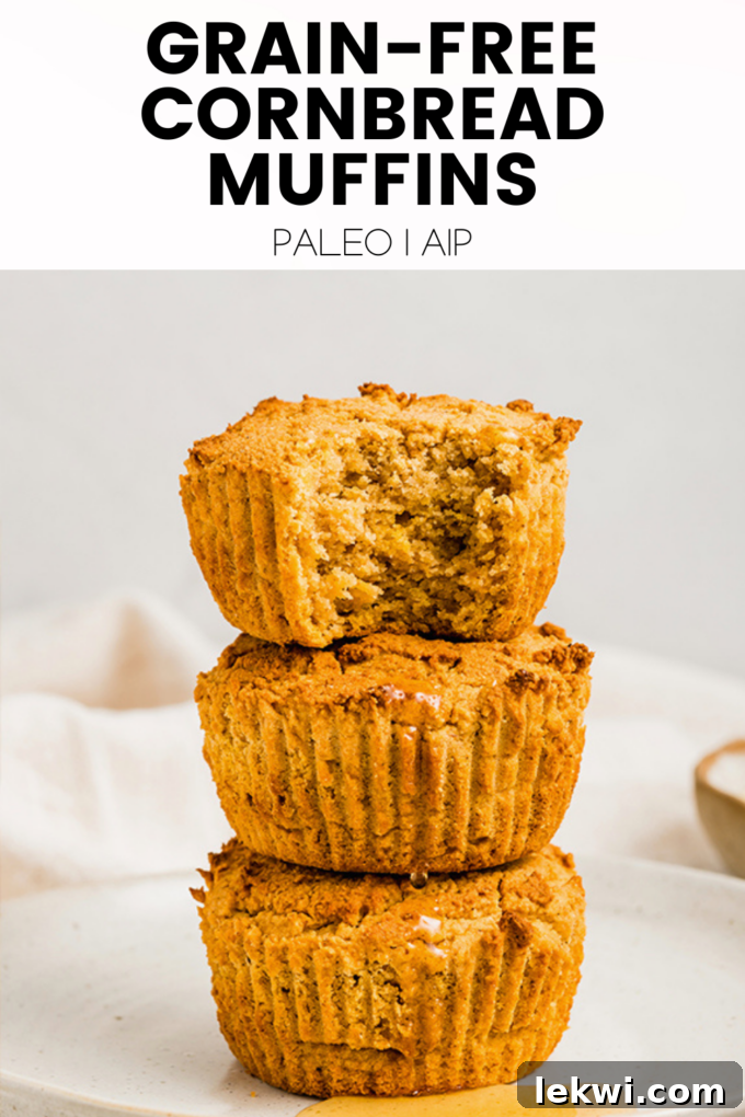 A mouth-watering image of grain-free cornbread muffins with the text "Grain-Free Cornbread Muffins Paleo | AIP" overlaid.