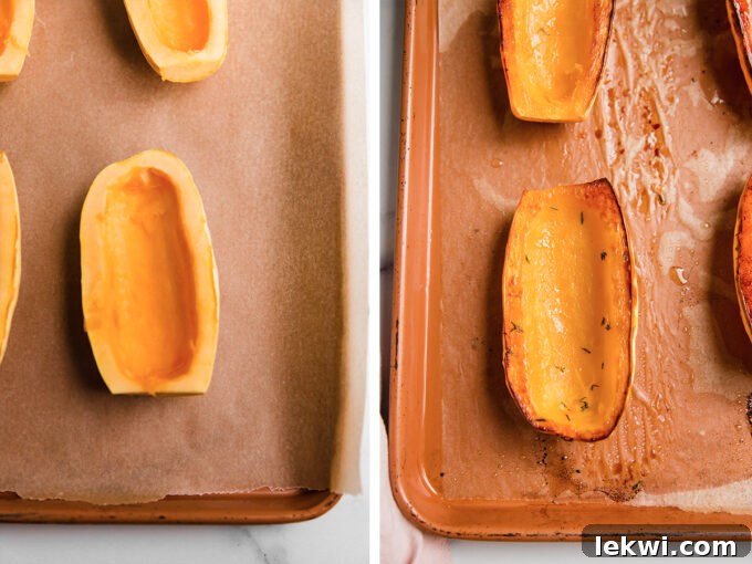 Delicata squash halves seasoned and placed cut-side down on a sheet pan, ready for roasting.