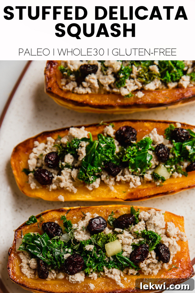 Text graphic: "Stuffed Delicata Squash Paleo | Whole30 | Gluten-Free." with an image of the finished dish, inviting readers to explore its dietary benefits.