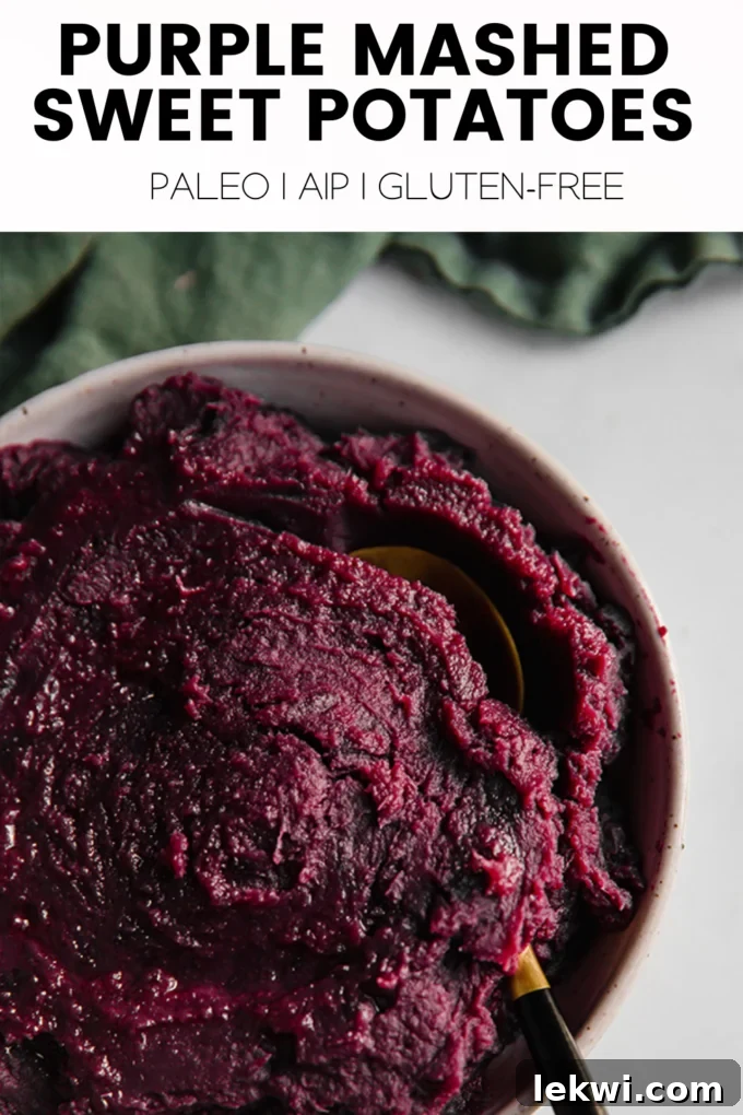 Mashed potatoes with text "Purple Mashed Sweet Potatoes Paleo | AIP | Gluten-Free." promoting the recipe.