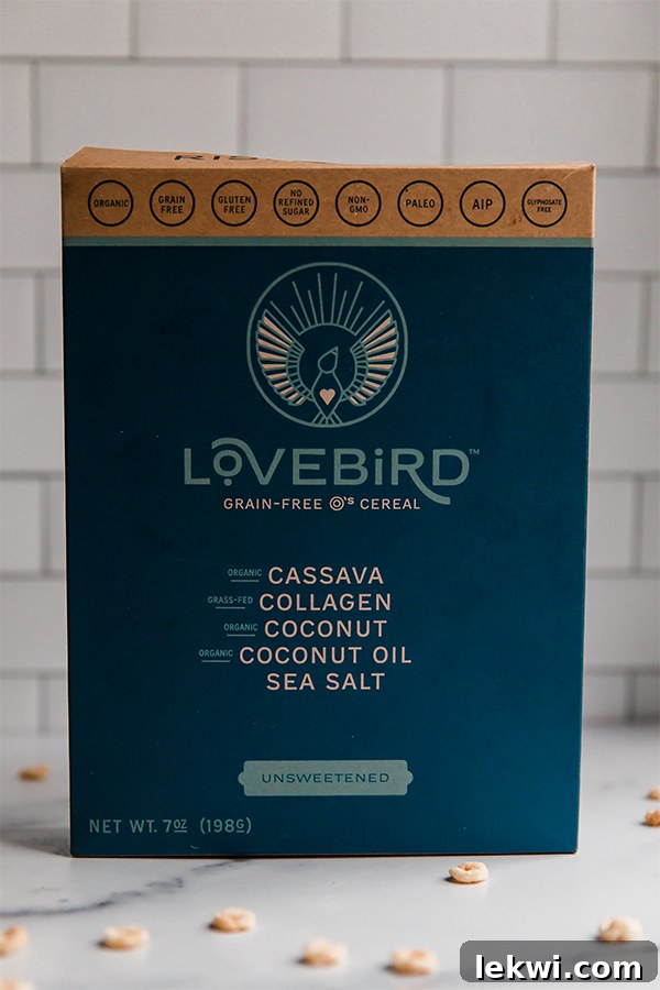 A box of Lovebird grain-free cereal, highlighting its healthy ingredients and appeal.