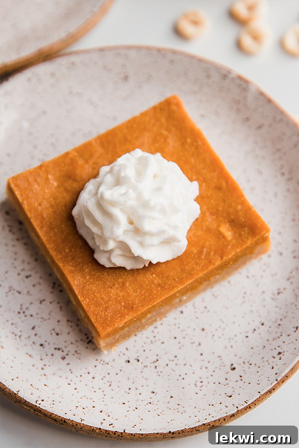 A single Pumpkin Pie Bar elegantly topped with a swirl of whipped coconut cream, ready to be savored.