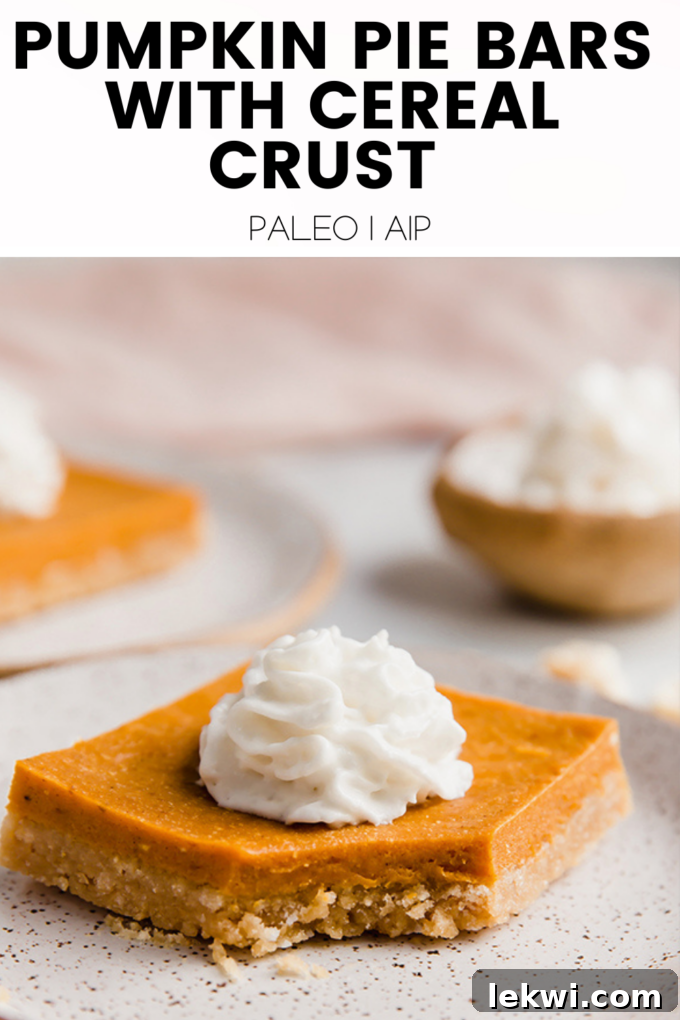 A banner image with text "Pumpkin Pie Bars with Cereal Crust Paleo | AIP." promoting the recipe.