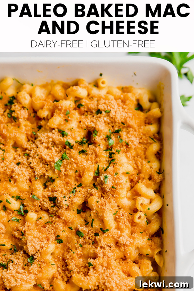 Delicious and healthy Paleo Baked Mac and Cheese, dairy-free and gluten-free comfort food.