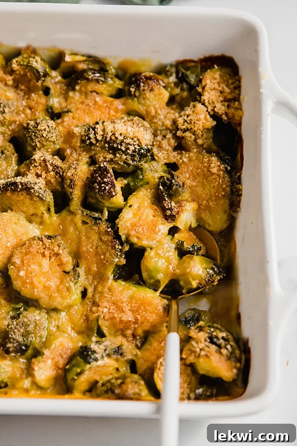 Spoon in a dish of brussels sprouts gratin, showcasing the creamy texture and crispy topping.