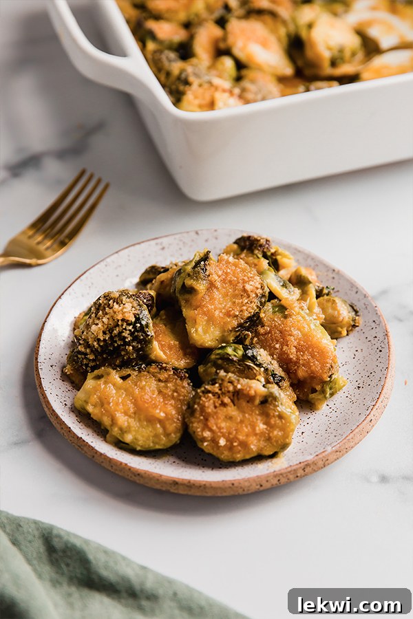A plate of brussels sprouts gratin, ready to be enjoyed.