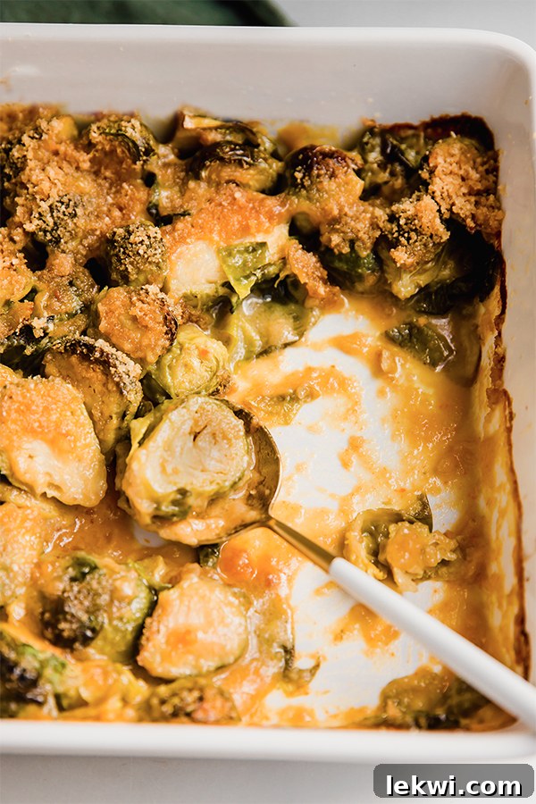 A serving dish of brussels sprouts gratin, perfect for sharing.
