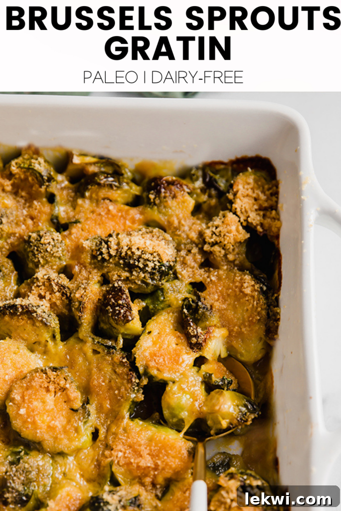 Food with text "Brussels Sprouts Gratin Paleo | Dairy-Free." on a graphic background.