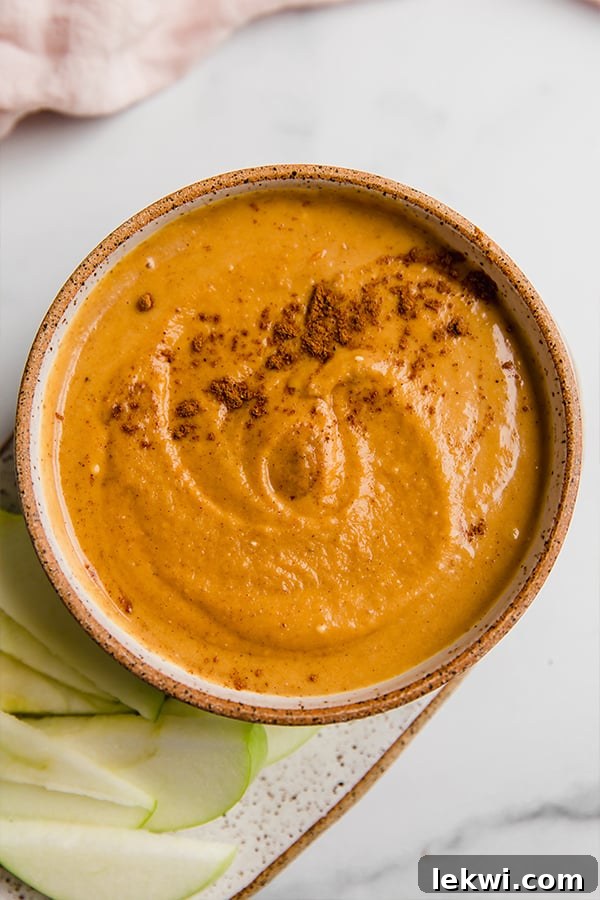 A beautifully arranged bowl of creamy pumpkin pie dip, garnished with a sprinkle of pumpkin pie spice, ready to be enjoyed. The rich orange hue of the dip hints at its authentic flavor, making it an irresistible centerpiece for any fall gathering or holiday table.