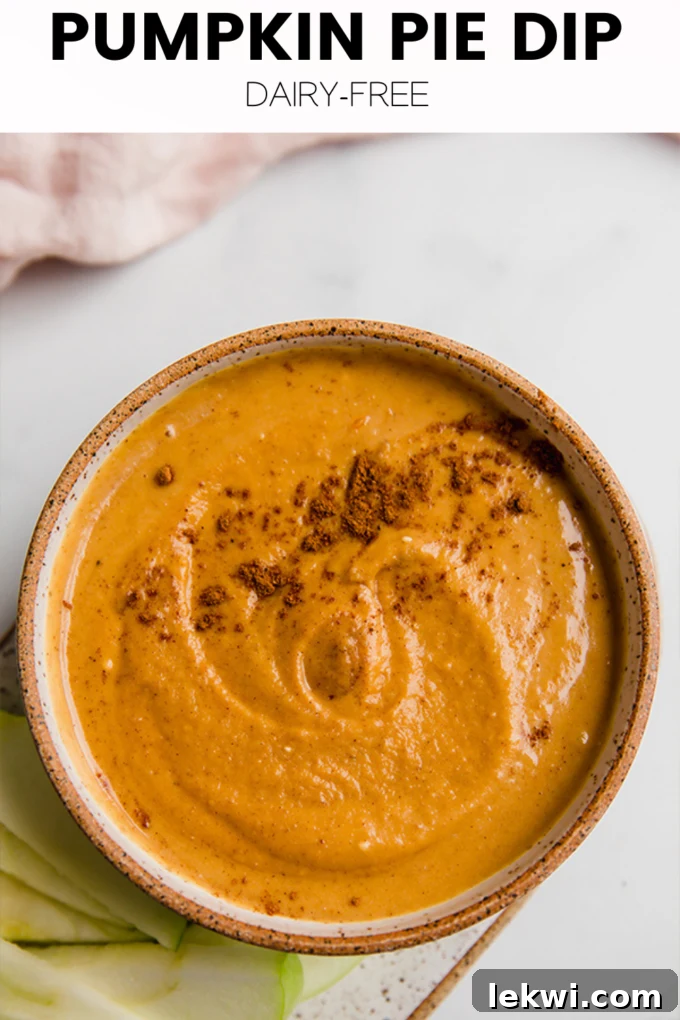 A compelling visual graphic titled 'Pumpkin Pie Dip Dairy-Free' featuring an inviting bowl of the dip surrounded by autumn leaves and apple slices, designed for sharing on social media like Pinterest, highlighting its key attributes.