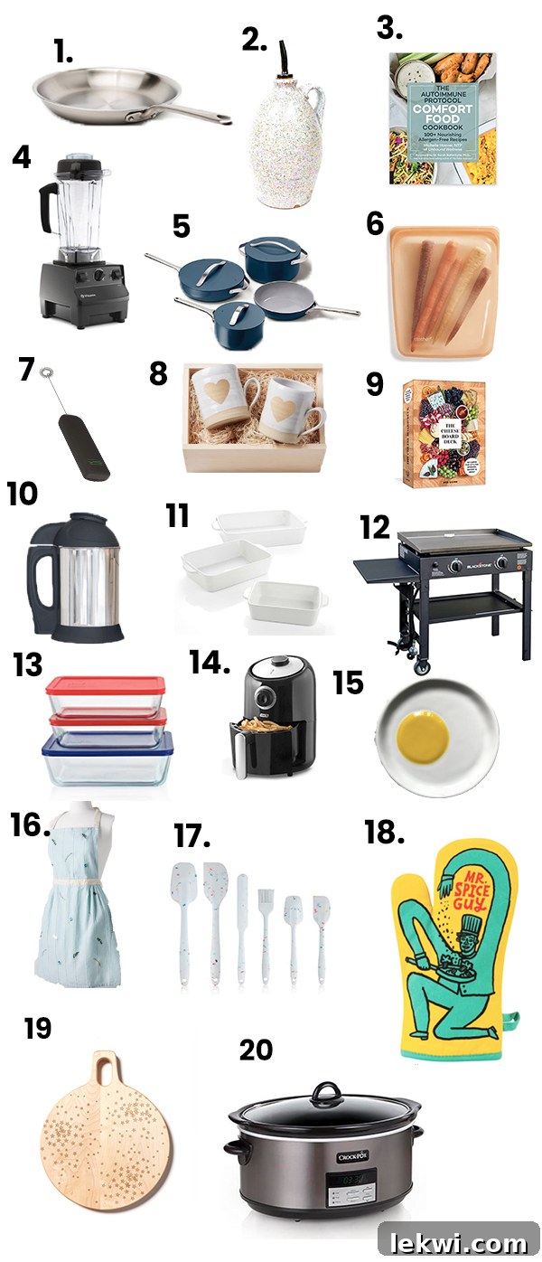 Numbered collage of kitchen items, showcasing various culinary tools and bakeware perfect for gifting.