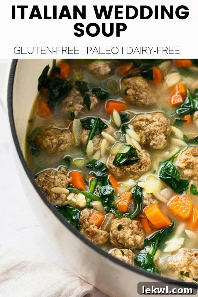 Soup with text "Italian Wedding Soup Gluten-Free | Paleo | Dairy-Free."
