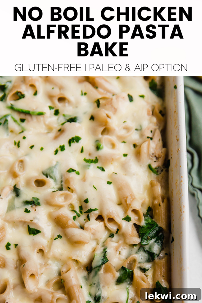 Baking dish with text "Chicken Alfredo No Boil Pasta Bake Gluten-Free | Paleo & AIP Option."