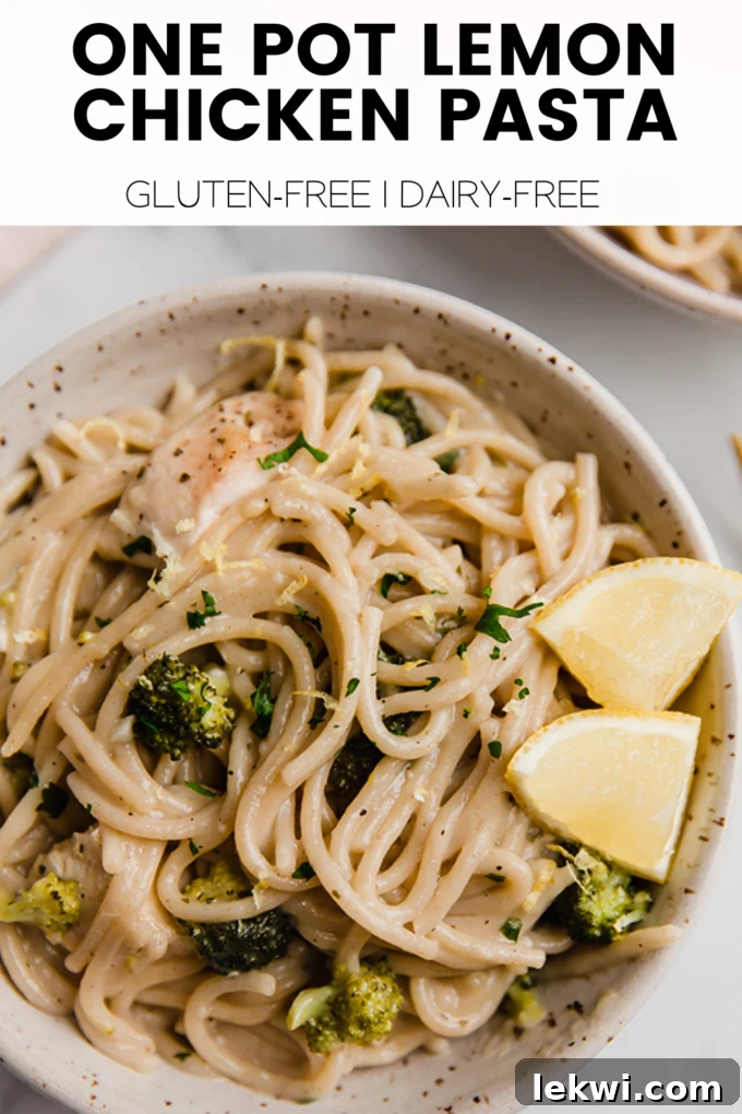 Pasta with text "One Pot Lemon Chicken Pasta Gluten-Free | Dairy-Free."