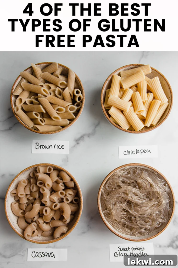 Four bowls of different types of pasta with the text '4 of the Best Types of Gluten-Free Pasta' superimposed, symbolizing the variety and quality available.