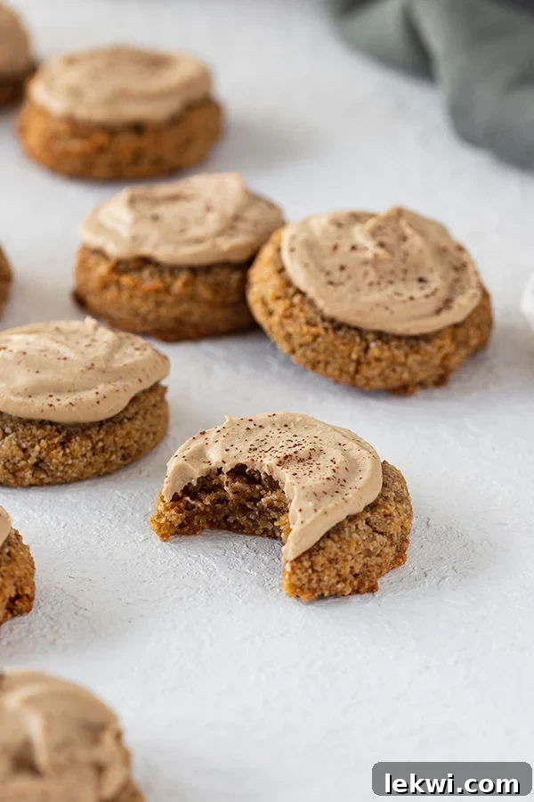 Several tiramisu cookies arranged attractively, one with a bite taken out, showcasing the creamy filling and dusting of cocoa.