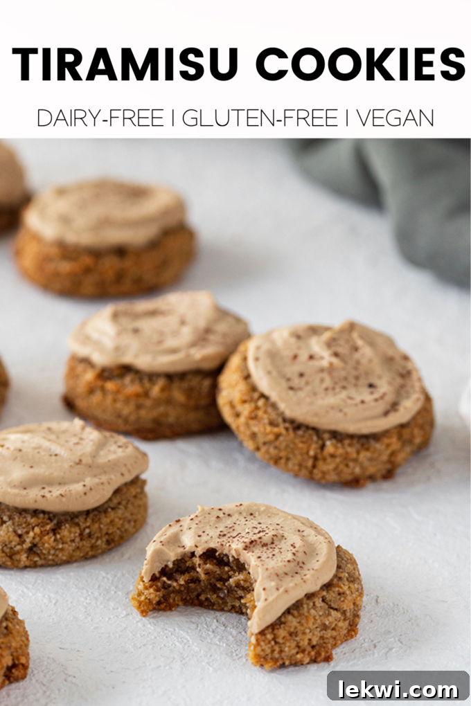 Large graphic with text "Tiramisu Cookies Dairy-Free | Gluten-Free | Vegan."